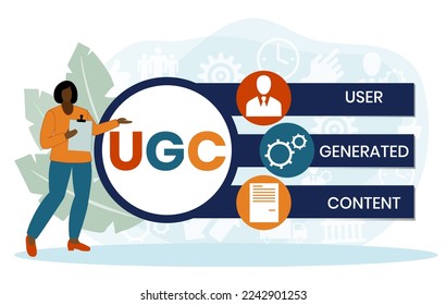 UGC. User-generated Content acronym. lettering illustration with icons for web banner, flyer, landing page, presentation, book cover, article, etc.