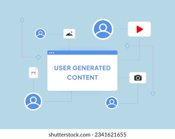 UGC - User-generated content concept. Consumer generated or created by customers crowdsourced content, like text, articles, videos, image, graphics, reviews. User generated content vector illustration