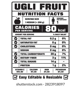 ugli fruit nutrition facts vector label template design featuring food, health, diet