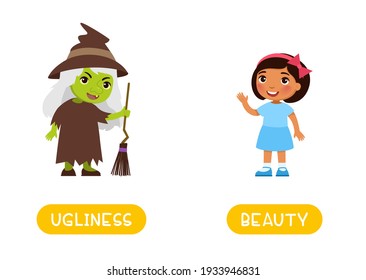 UGLINESS and BEAUTY antonyms word card, Opposites concept. Flashcard for English language learning.  Cute dark skin girl and old ugly witch with green skin