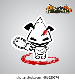 Ugly angry Halloween horror thread needle sewing voodoo doll. Vector illustration sticker paper. Halloween evil dog puppy cartoon funny monster blood saw. Pop art wow comic book text poster party.
