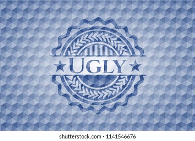 Ugly blue emblem or badge with abstract geometric pattern background.