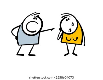 Ugly cartoon man yells at a woman and points his finger. Vector illustration of a rude abusive husband offending his wife. A guy mocks his girlfriend, she cries and is sad.