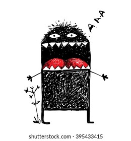 Ugly Character Monster Screaming. Black funny creature scribble, bizarre humorous creative character. Sketchy vector illustration