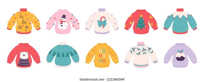 Ugly christmas cozy sweaters. Funny pullover decor snowman, cartoon bear, xmas tree. December holidays clothes, winter racy sweaters vector set