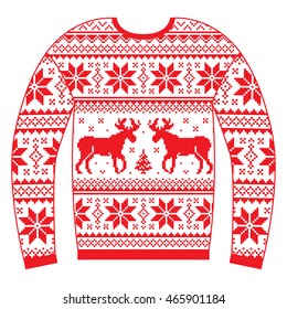 Ugly Christmas jumper or sweater with reindeer and snowflakes red pattern 