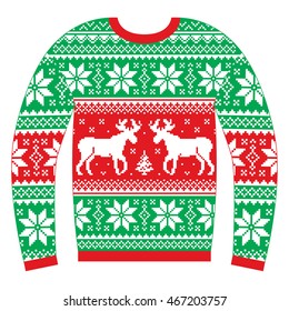 Ugly Christmas jumper or sweater with reindeer and snowflakes red and green pattern 