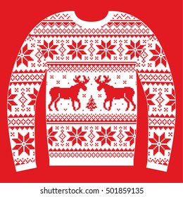 Ugly Christmas jumper or sweater with reindeer and snowflakes red and white pattern