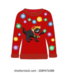 Ugly Christmas party sweater with funny cat print. Funny holiday clothes with cute print and ornaments. Ugly sweater christmas party