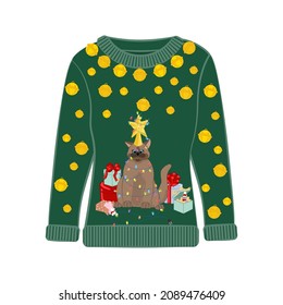 Ugly Christmas party sweater with funny cat print. Funny holiday clothes with cute print and ornaments. Ugly sweater christmas party