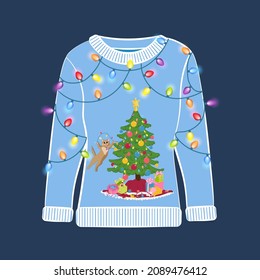 Ugly Christmas party sweater with funny cat print. Funny holiday clothes with cute print and ornaments. Ugly sweater christmas party