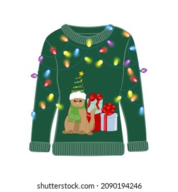 Ugly Christmas party sweater with funny cat print. Funny holiday clothes with cute print and ornaments. Ugly sweater christmas party