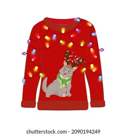Ugly Christmas party sweater with funny cat print. Funny holiday clothes with cute print and ornaments. Ugly sweater christmas party