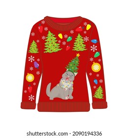 Ugly Christmas party sweater with funny cat print. Funny holiday clothes with cute print and ornaments. Ugly sweater christmas party