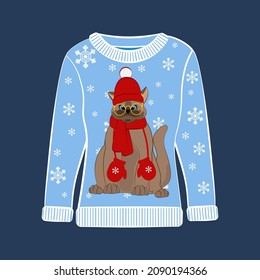 Ugly Christmas party sweater with funny cat print. Funny holiday clothes with cute print and ornaments. Ugly sweater christmas party