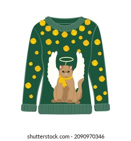 Ugly Christmas party sweater with funny cat print. Funny holiday clothes with cute print and ornaments. Ugly sweater christmas party