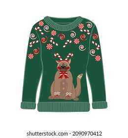 Ugly Christmas party sweater with funny cat print. Funny holiday clothes with cute print and ornaments. Ugly sweater christmas party