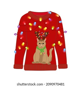 Ugly Christmas party sweater with funny cat print. Funny holiday clothes with cute print and ornaments. Ugly sweater christmas party