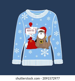 Ugly Christmas party sweater with funny cat print. Funny holiday clothes with cute print and ornaments. Ugly sweater christmas party