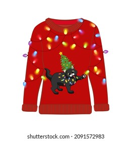 Ugly Christmas party sweater with funny cat print. Funny holiday clothes with cute print and ornaments. Ugly sweater christmas party