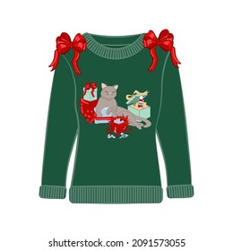 Ugly Christmas party sweater with funny cat print. Funny holiday clothes with cute print and ornaments. Ugly sweater christmas party