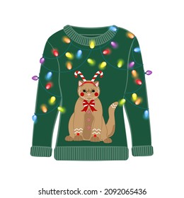 Ugly Christmas party sweater with funny cat print. Funny holiday clothes with cute print and ornaments. Ugly sweater christmas party