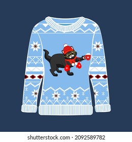 Ugly Christmas party sweater with funny cat print. Funny holiday clothes with cute print and ornaments. Ugly sweater christmas party