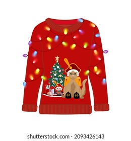 Ugly Christmas party sweater with funny cat print. Funny holiday clothes with cute print and ornaments. Ugly sweater christmas party