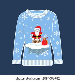 Ugly Christmas party sweater with funny cat print. Funny holiday clothes with cute print and ornaments. Ugly sweater christmas party