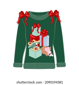 Ugly Christmas party sweater with gifts print. Funny holiday clothes with ornaments. Ugly sweater christmas party