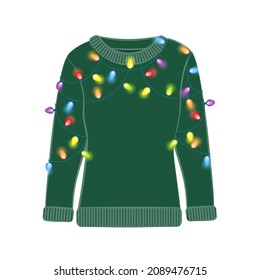 Ugly Christmas party sweater with light bulbs. Funny holiday clothes with ornaments. Ugly sweater christmas party