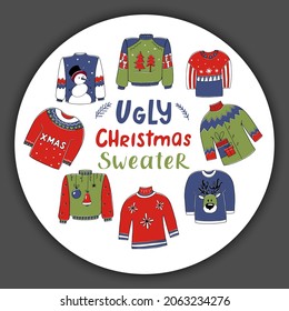 Ugly Christmas party sweater set, with lettering and elements isolated on white background. Vector illustration for holiday design