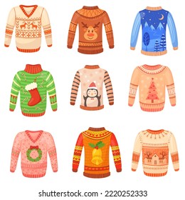 Ugly christmas pullover. Tacky sweater xmas print, cozy knitted pajamas holiday jumpers winter tree pattern knit apparel weird sweaters, cartoon vector illustration of sweater ugly to christmas