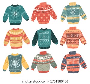 Ugly Christmas sweater collection. Decorative cartoon style knitted items for a new year's party. Traditional holiday jumpers vector set