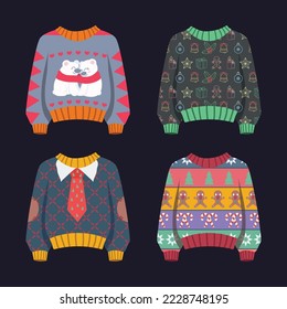 Ugly Christmas sweater collection with festive patterns