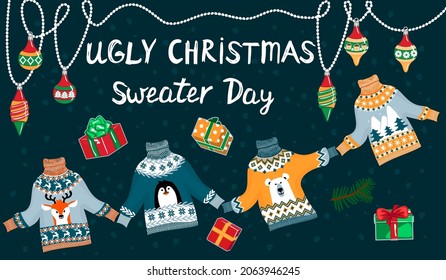 Ugly Christmas Sweater Day banner with different sweaters , decorated elements and hand drawn text.Flat cartoon vector illustration.Festive Xmas and New Year background with winter holiday  pullovers.