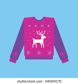 Ugly christmas sweater with deer and snowflakes pattern. Vector