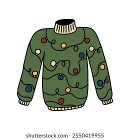 Ugly christmas sweater doodle. Cute green jumper for xmas party in cartoon style. Hand drawn illustration isolated on white background.