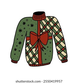 Ugly christmas sweater doodle. Cute green jumper for xmas party in cartoon style. Hand drawn illustration isolated on white background.