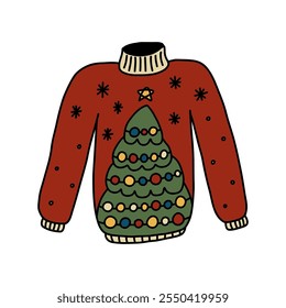 Ugly christmas sweater doodle. Cute red jumper for xmas party in cartoon style. Hand drawn illustration isolated on white background.