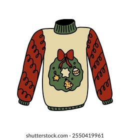 Ugly christmas sweater doodle. Cute beige jumper for xmas party in cartoon style. Hand drawn illustration isolated on white background.