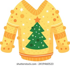 Ugly Christmas sweater with festive design spreads holiday cheer. Bright yellow knitted jumper displays a green Christmas tree.