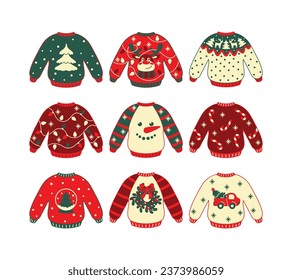 Ugly Christmas sweater, funny christmas clothes set. Vector.