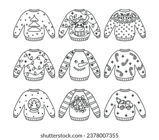 Ugly Christmas sweater, funny christmas clothes set. Coloring page. Vector.