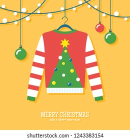 Ugly Christmas sweater hanging with holiday decorations vector illustration/ greeting card