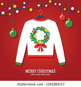 Ugly Christmas sweater hanging with holiday decorations vector illustration/ greeting card