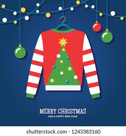 Ugly Christmas sweater hanging with holiday decorations vector illustration/ greeting card