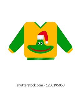 Ugly Christmas sweater icon, for invitations sweater party, Happy New Year greeting card template. Cute and funny vector illustration.