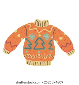 Ugly Christmas sweater Illustration. Winter warm clothing. Cute pullover with ornament. 