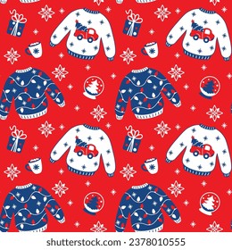 Ugly Christmas sweater and knit hat, funny christmas clothes. Seamless pattern. Vector.